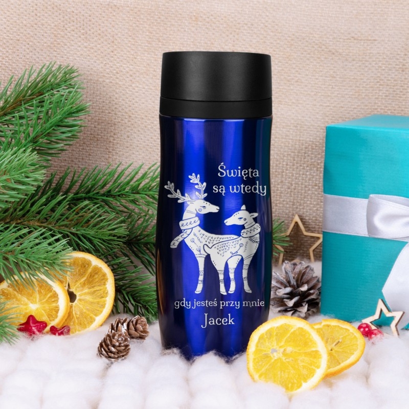 Kubek termiczny - granatowy / 350ml / Bądź przy mnie / prezent na Święta, Mikołaja / Grawer