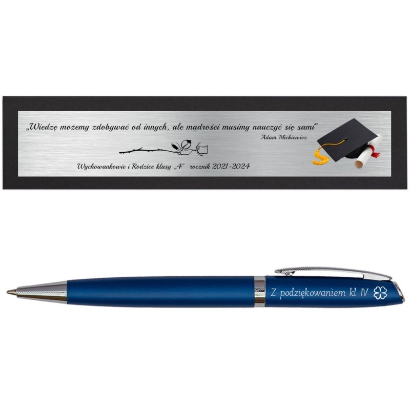Długopis niebieski aluminiowy z grawerem i tabliczką na pudełku