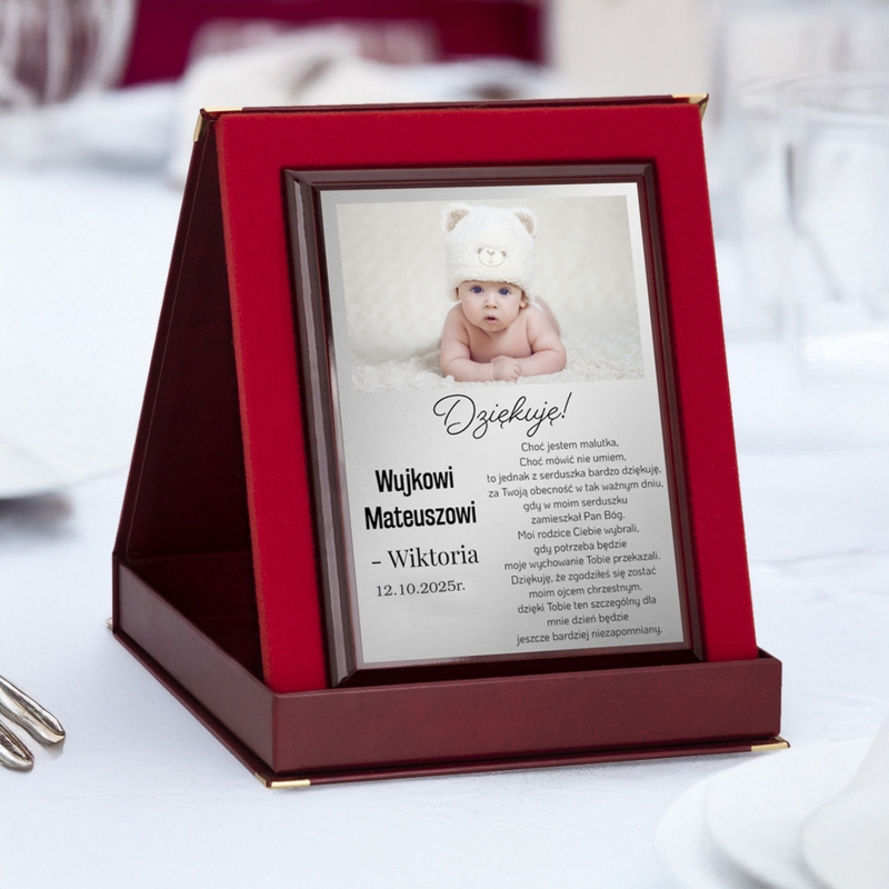 Podziękowanie dla rodziców chrzestnych / Drewniany panel, srebrna tabliczka, etui, dedykacja