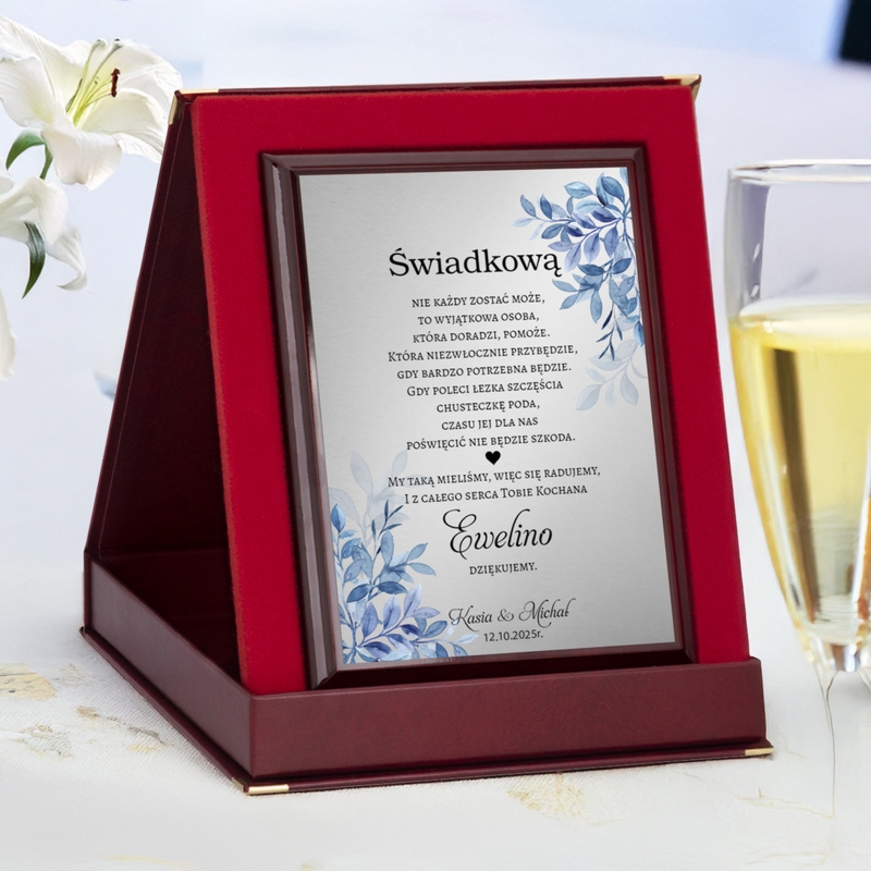 Podziękowania dla świadków na ślub – srebrna tabliczka z dedykacją