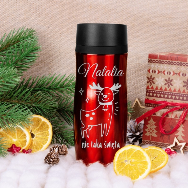 Kubek termiczny - czerwony / 350ml / Renifer / prezent na Święta, Mikołaja / Grawer