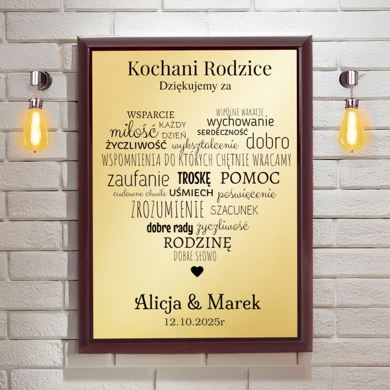 Ślubne podziękowania dla rodziców – panel w pionie, złota tabliczka