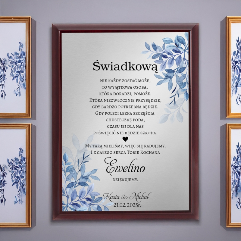 Podziękowanie świadkom dyplom na drewnie srebrna tabliczka z dedykacją