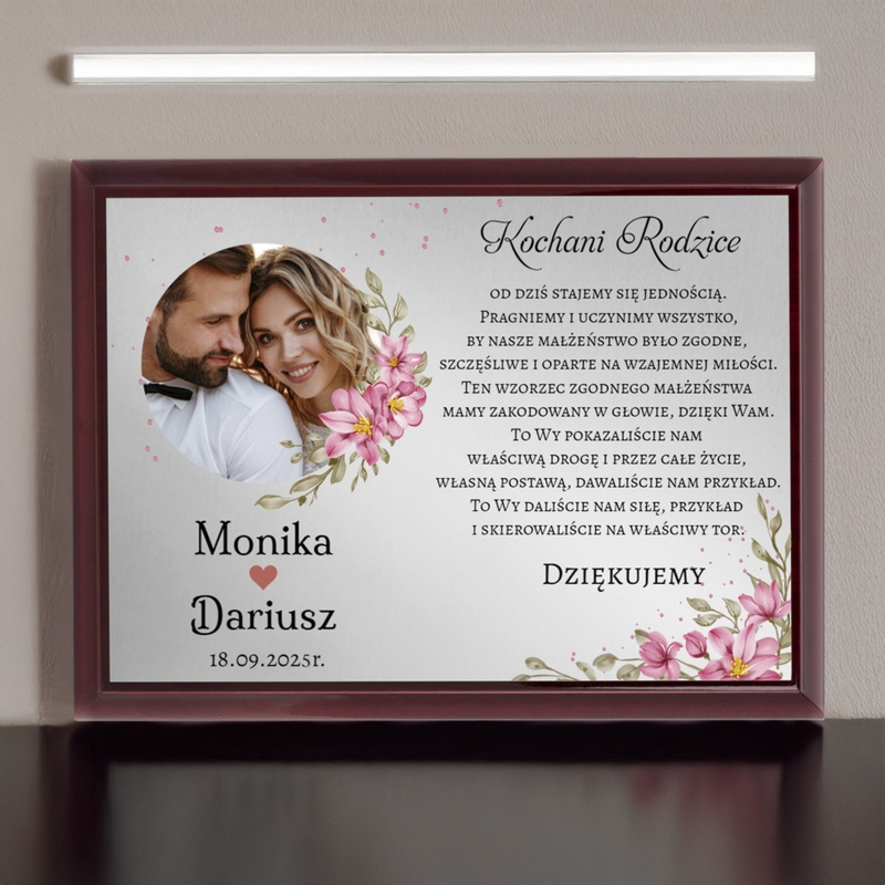 Ślubne podziękowania dla rodziców – panel drewniany z dedykacją