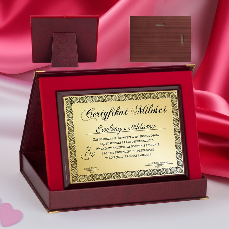 Prezent na ślub / Certyfikat miłości / Drewniany panel, złota tabliczka, etui, dedykacja