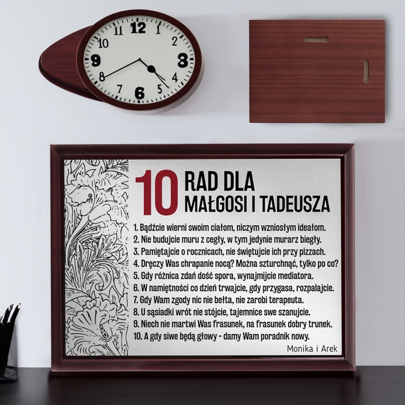 Prezent na ślub / 10 rad / Drewniany panel, srebrna tabliczka, dedykacja