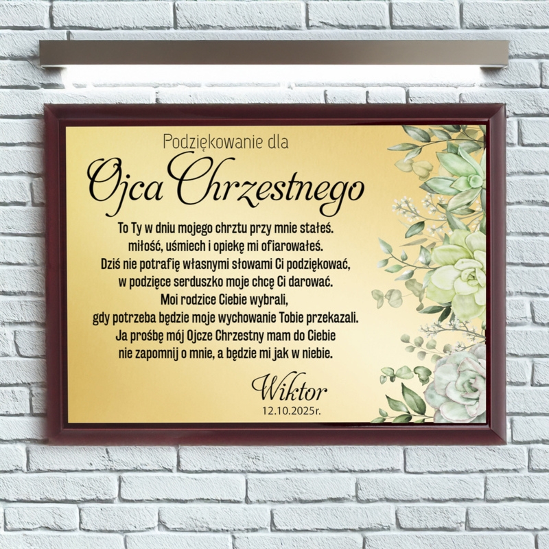 Podziękowanie dla rodziców chrzestnych / Drewniany panel, złota tabliczka, dedykacja