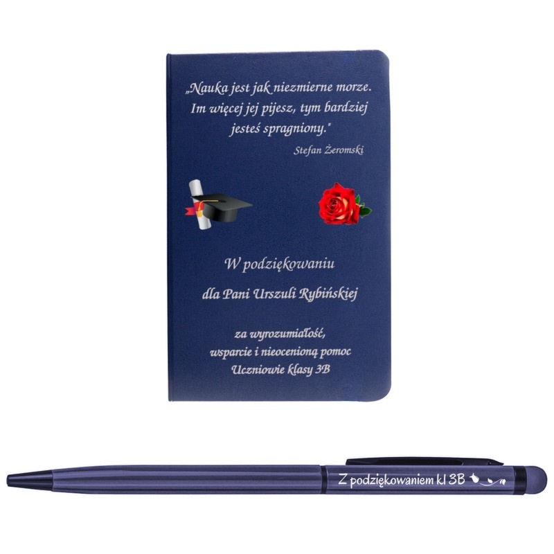 Zestaw dla nauczyciela granatowy notes i długopis z nadrukiem i grawerem