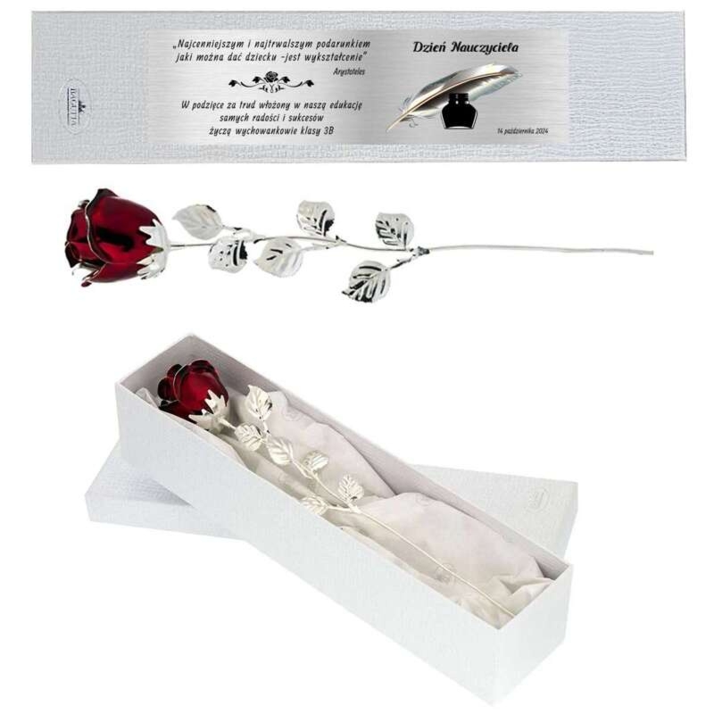 Posrebrzana Bordowa Róża z personalizacją - wyjątkowy upominek dla nauczyciela