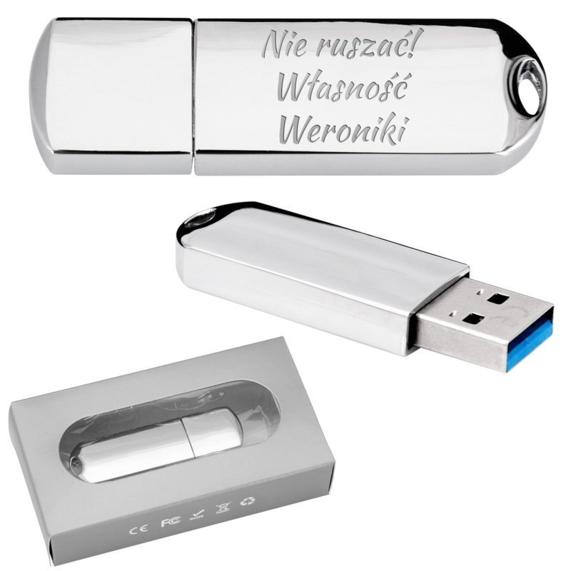 Pendrive chromowany 128 GB ze smyczą i grawerem do 50 znaków