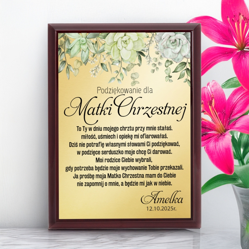 Podziękowanie dla matki chrzestnej / Drewniany panel, złota tabliczka, dedykacja