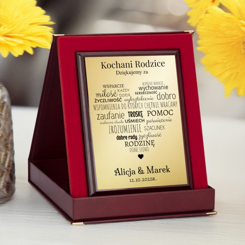Podziękowania dla rodziców – panel ze złotą tabliczką i dedykacją
