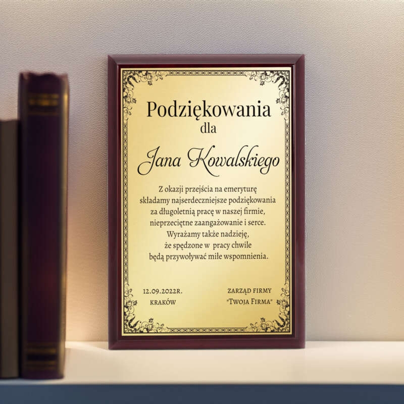 Prezent na emeryturę – drewniany panel ze złotą tabliczką i dedykacją