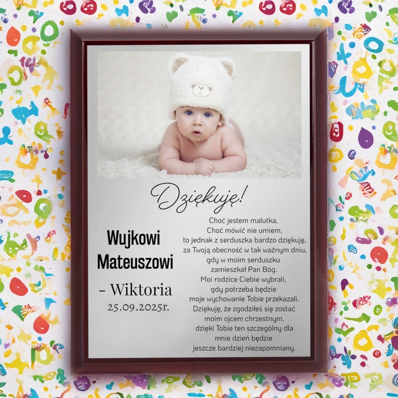 Podziękowanie dla rodziców chrzestnych / Drewniany panel, srebrna tabliczka, dedykacja