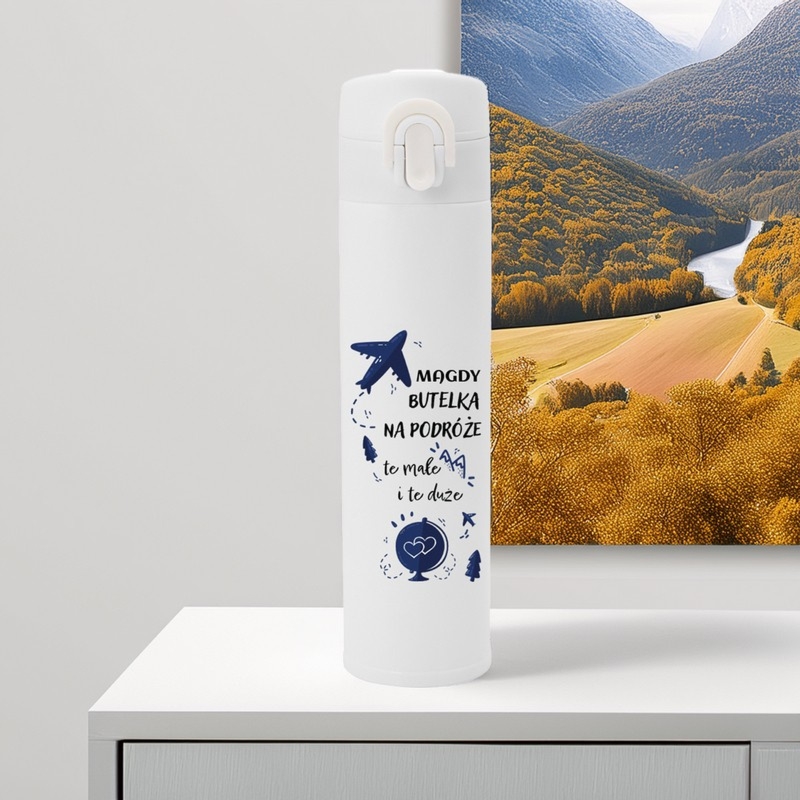Szczelny kubek izotermiczny 350 ml z nadrukiem UV – idealny prezent dla miłośnika podróży