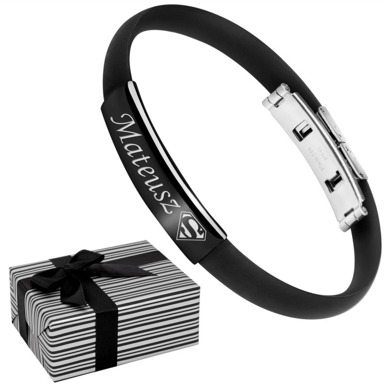 Bransoletka z kauczuku i czarnej stali szlachetnej z Grawerem / prezent dla męża, brata, chłopaka / pakowanie na prezent - paski