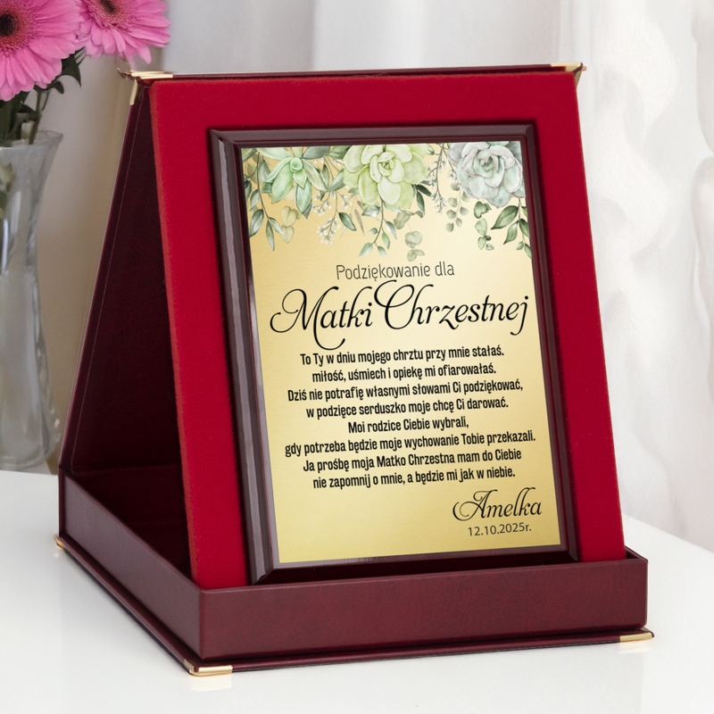Podziękowanie dla rodziców chrzestnych / Drewniany panel, złota tabliczka, etui, dedykacja