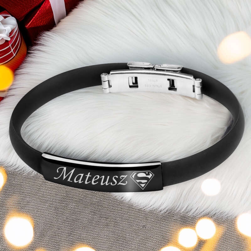 Bransoletka z kauczuku i czarnej stali szlachetnej z Grawerem / prezent dla męża, chłopaka / pakowanie na Walentynki