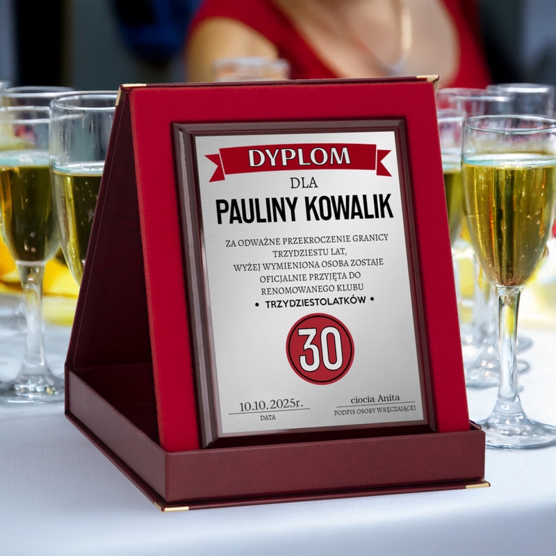 Dyplom na urodziny – panel z srebrną tabliczką i dedykacją
