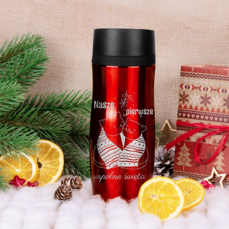 Kubek termiczny - czerwony / 350ml / Pierwsze wspólne święta / prezent na Święta, Mikołaja / Grawer