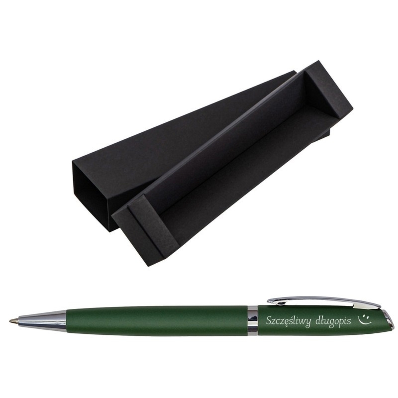 Długopis ciemnozielony aluminiowy z grawerem laserowym w pudełku
