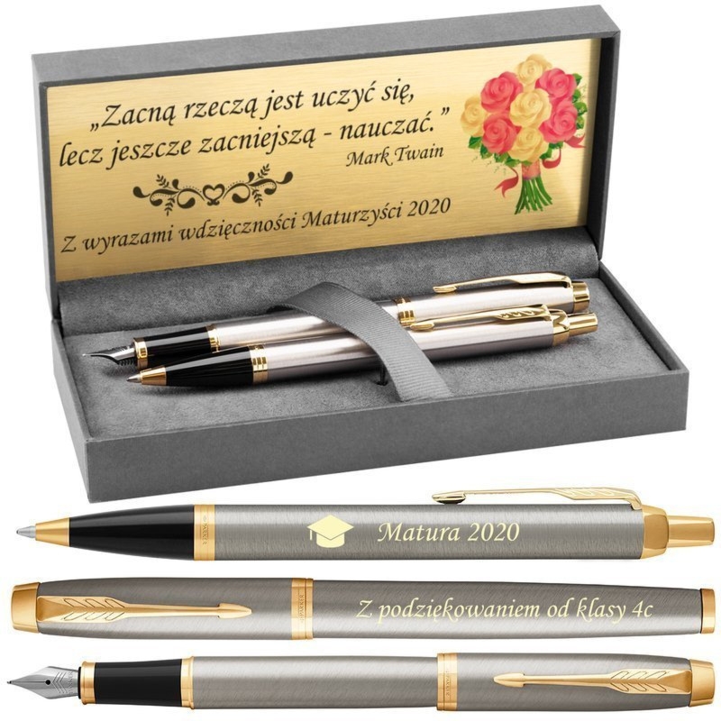 Zestaw Parker IM Brushed GT: pióro i długopis z grawerem prezentowy