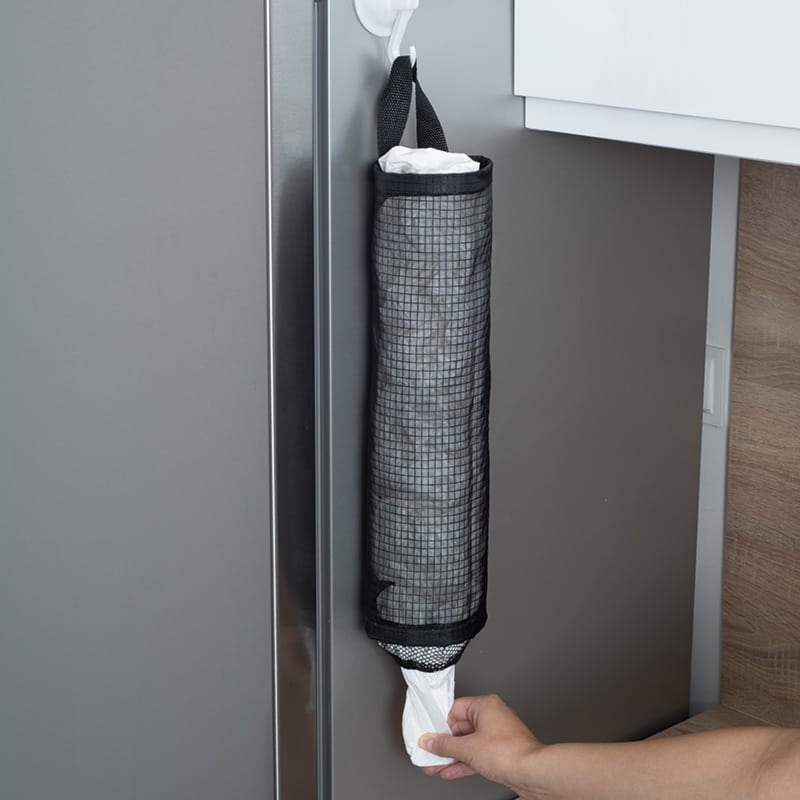 Worek na reklamówki 40 cm z uchwytem – organizer z poliestrowej siateczki, praktyczne przechowywanie torebek foliowych