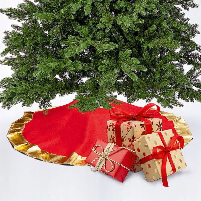 Narzuta pod choinkę - śr. 80cm | Fizelina, czerwień, złota lamówka