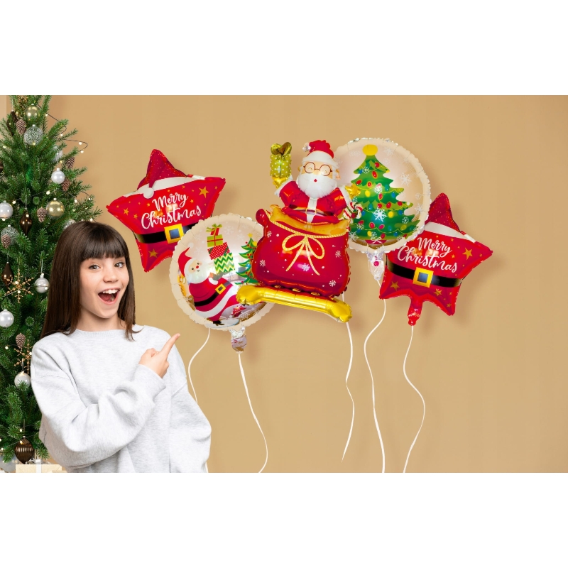 Zestaw 5 balonów - Mikołaj, 2xBombka, 2xGwiazda
