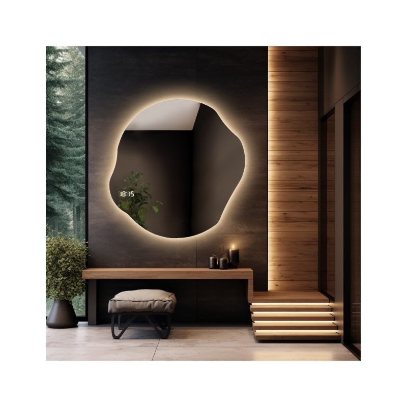 Lustro łazienkowe o nieregularnym kształcie z zegarem cyfrowym - CYRKON LED PREMIUM