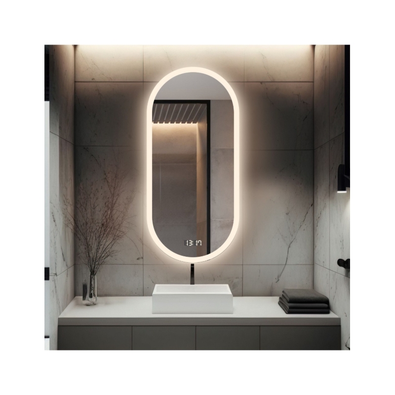 Łazienkowe lustro owalne z zegarem cyfrowym - ROMI LED PREMIUM