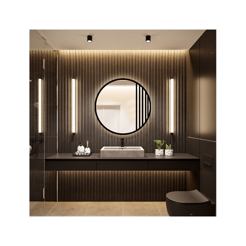 Lustro okrągłe ze szprosami w czarnej matowej ramie loft MDF z podświetleniem - LOTIS LED - kolor ramy do wyboru