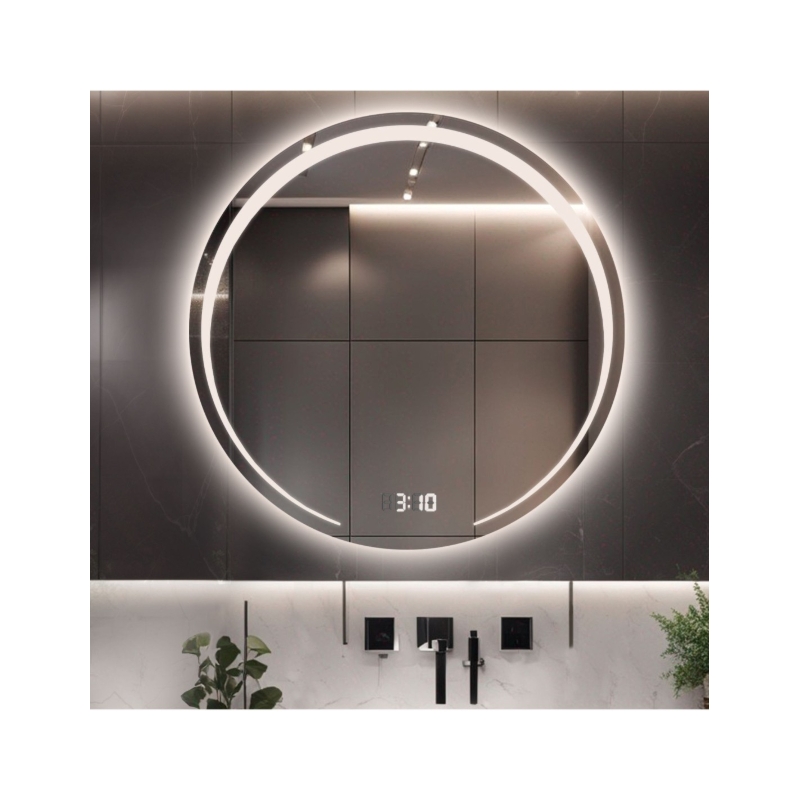 Łazienkowe lustro okrągłe z zegarem cyfrowym - NELA LED PREMIUM