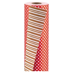 Dwustronny papier do pakowania prezentów czerwony- paski / kropki